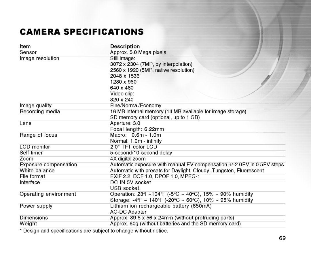 Radio Shack 16-3898 quick start Camera Specifications, Description 