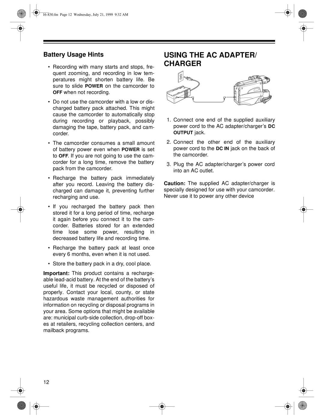 Radio Shack 16-830 owner manual Using the AC ADAPTER/ Charger, Battery Usage Hints 