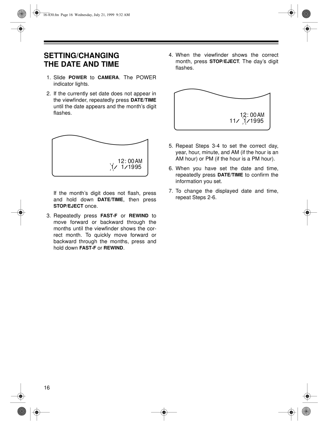 Radio Shack 16-830 owner manual SETTING/CHANGING Date and Time, 1995 