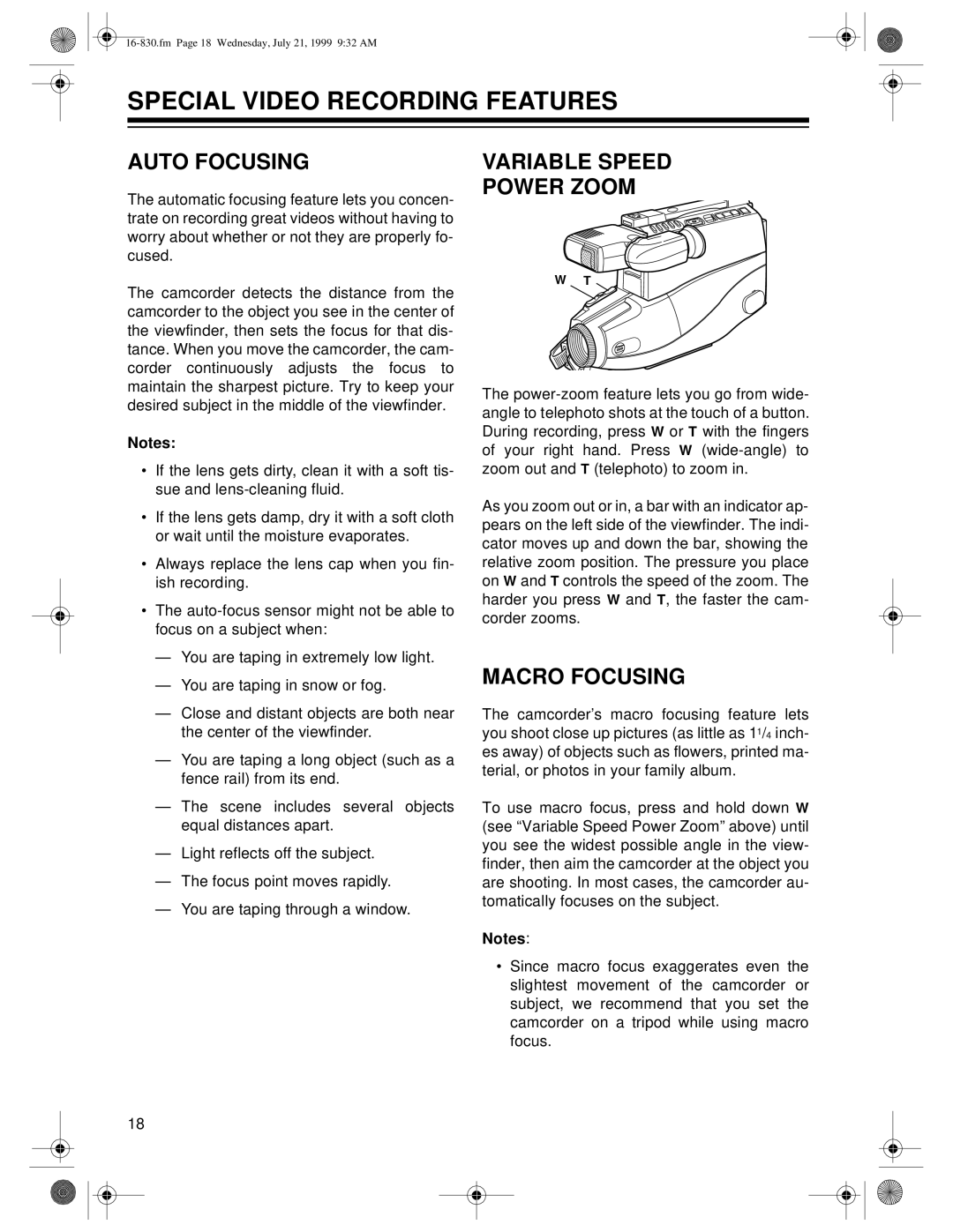 Radio Shack 16-830 owner manual Special Video Recording Features, Auto Focusing, Variable Speed Power Zoom, Macro Focusing 