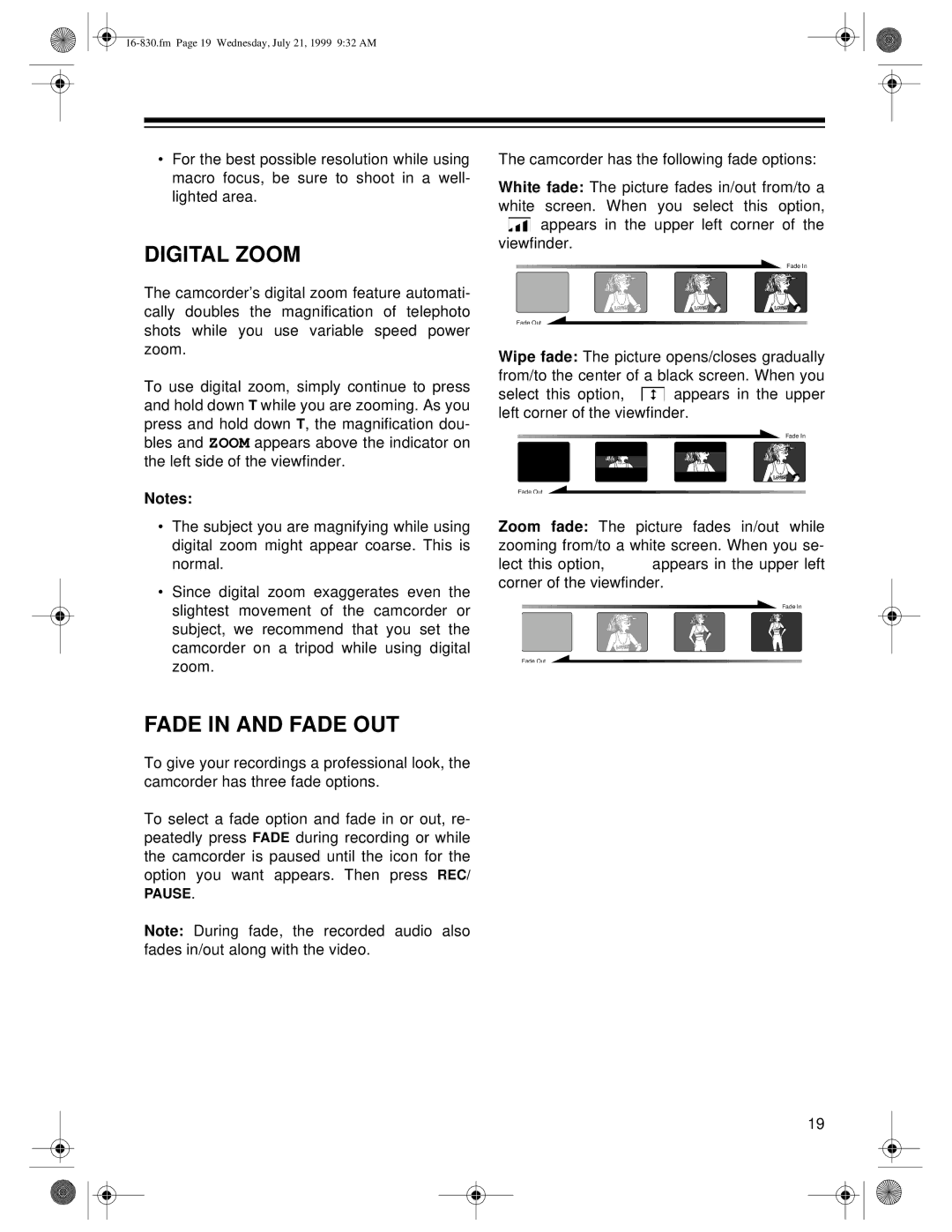 Radio Shack 16-830 owner manual Digital Zoom, Fade in and Fade OUT 