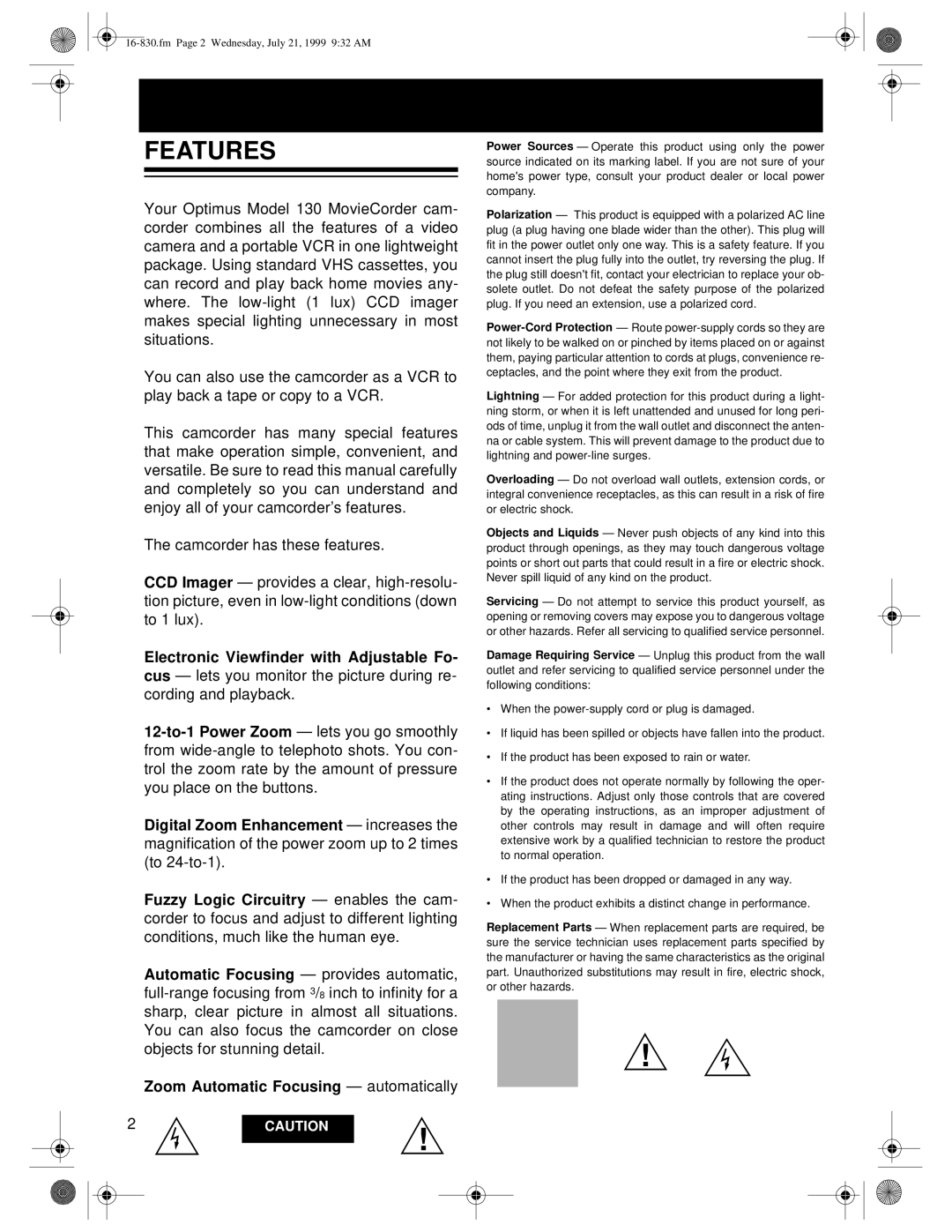 Radio Shack 16-830 owner manual Features, Electronic Viewfinder with Adjustable Fo 