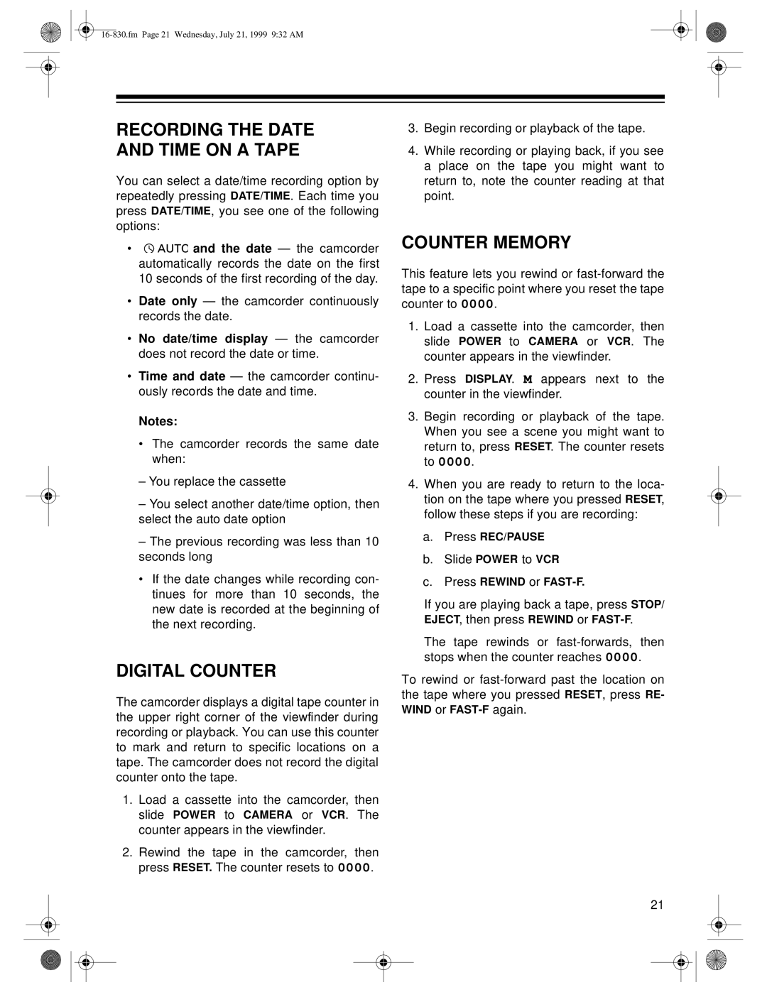 Radio Shack 16-830 owner manual Digital Counter, Counter Memory 