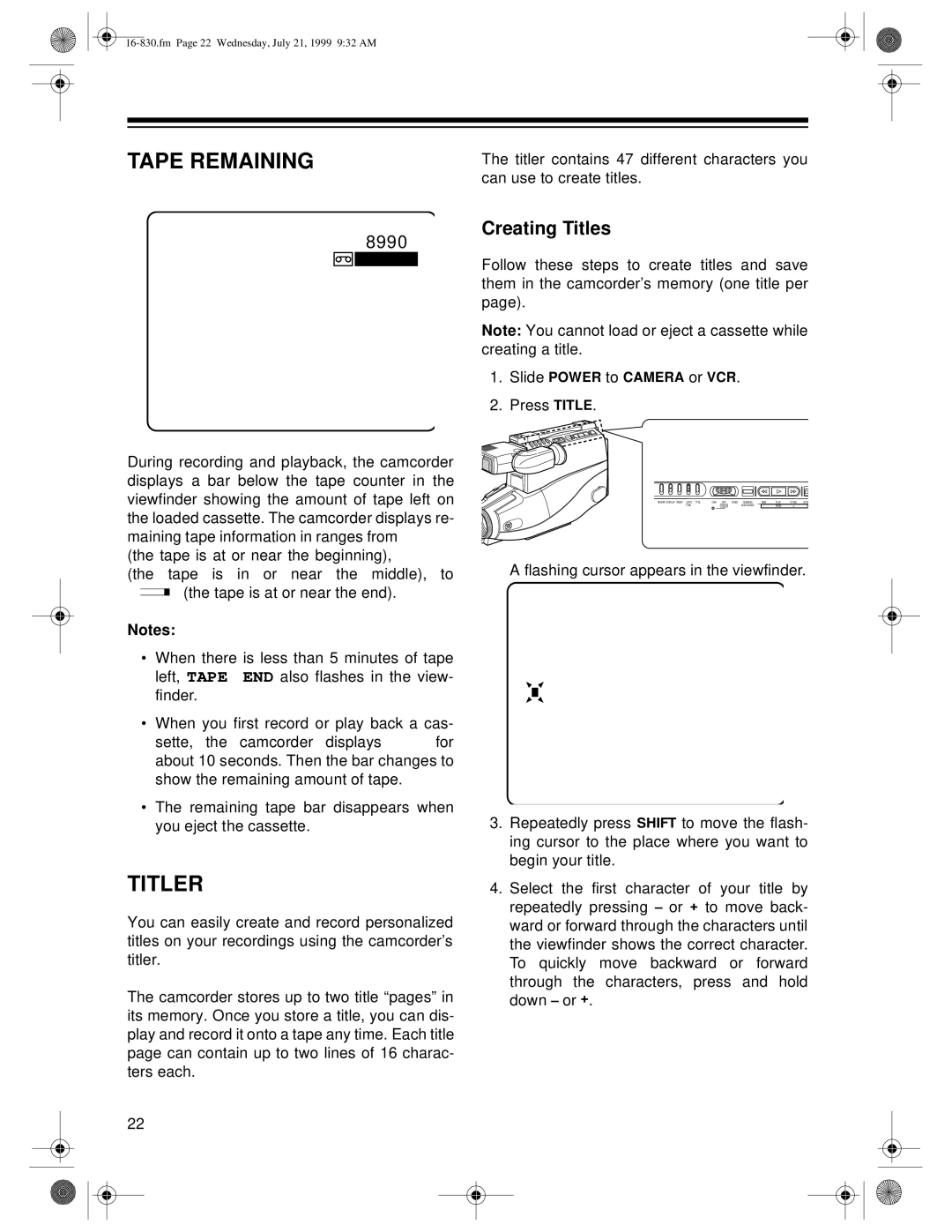 Radio Shack 16-830 owner manual Tape Remaining, Titler, Creating Titles 