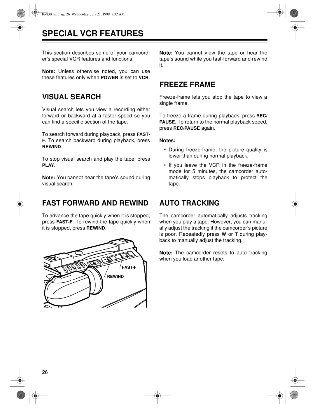 Radio Shack 16-830 owner manual Special VCR Features, Visual Search, Freeze Frame, Fast Forward and Rewind, Auto Tracking 