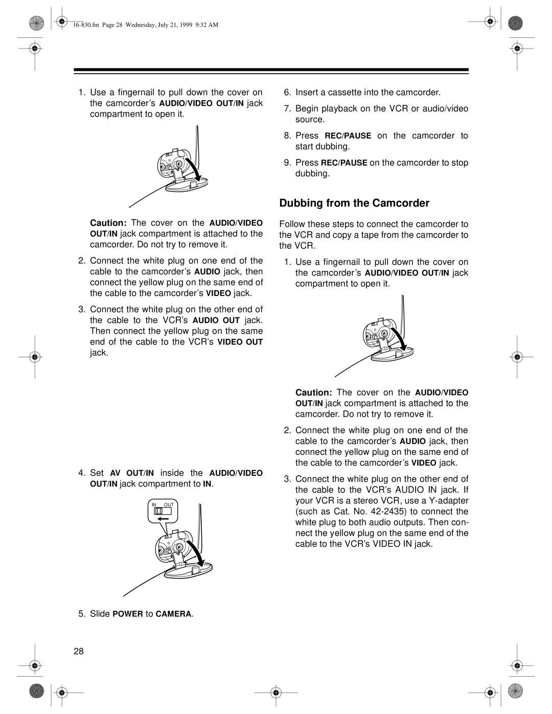 Radio Shack 16-830 owner manual Dubbing from the Camcorder 