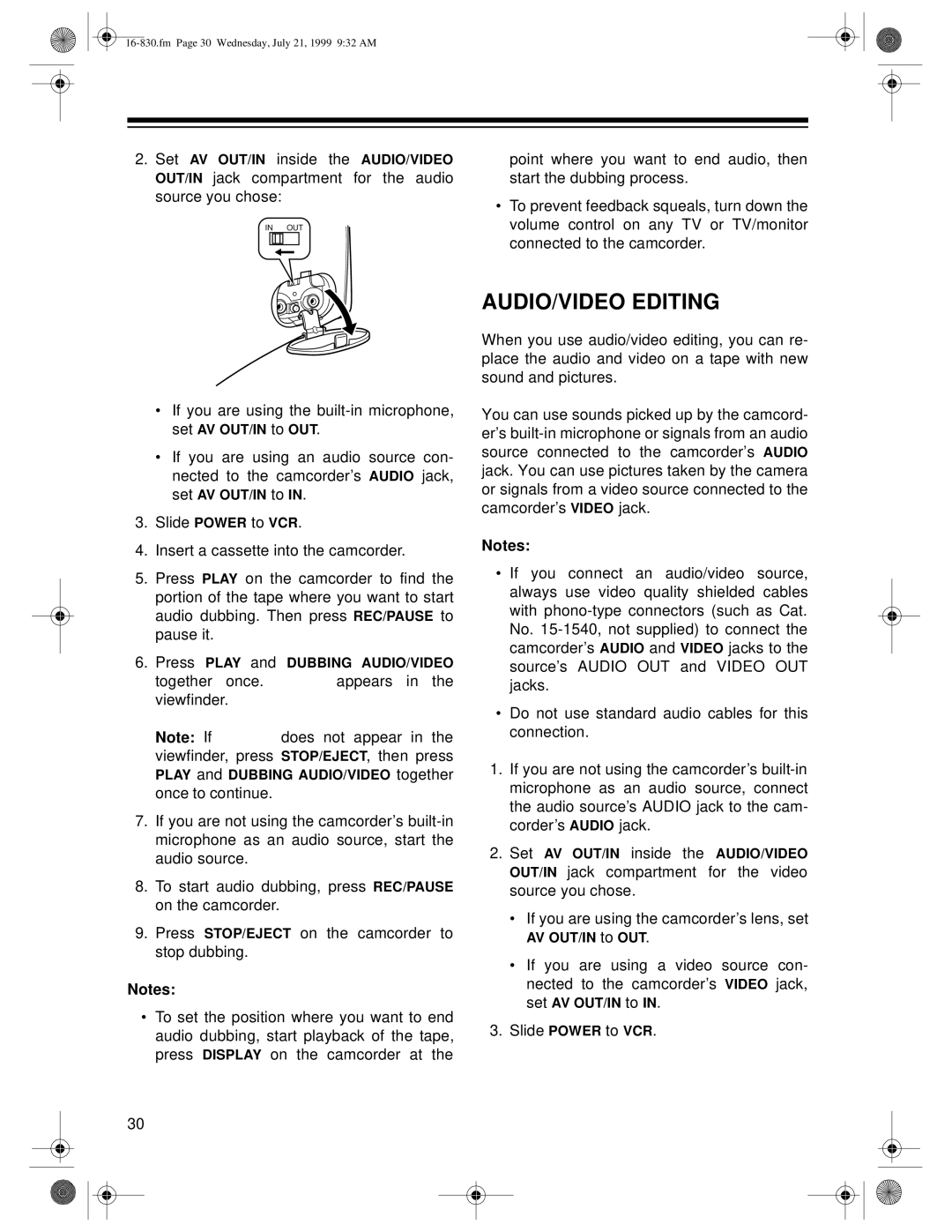 Radio Shack 16-830 owner manual AUDIO/VIDEO Editing, Together once Appears Viewfinder Does not appear 