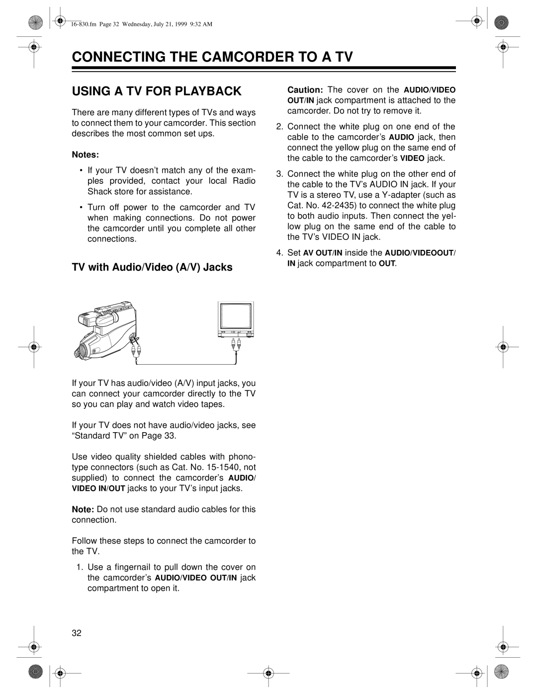 Radio Shack 16-830 owner manual Connecting the Camcorder to a TV, Using a TV for Playback, TV with Audio/Video A/V Jacks 