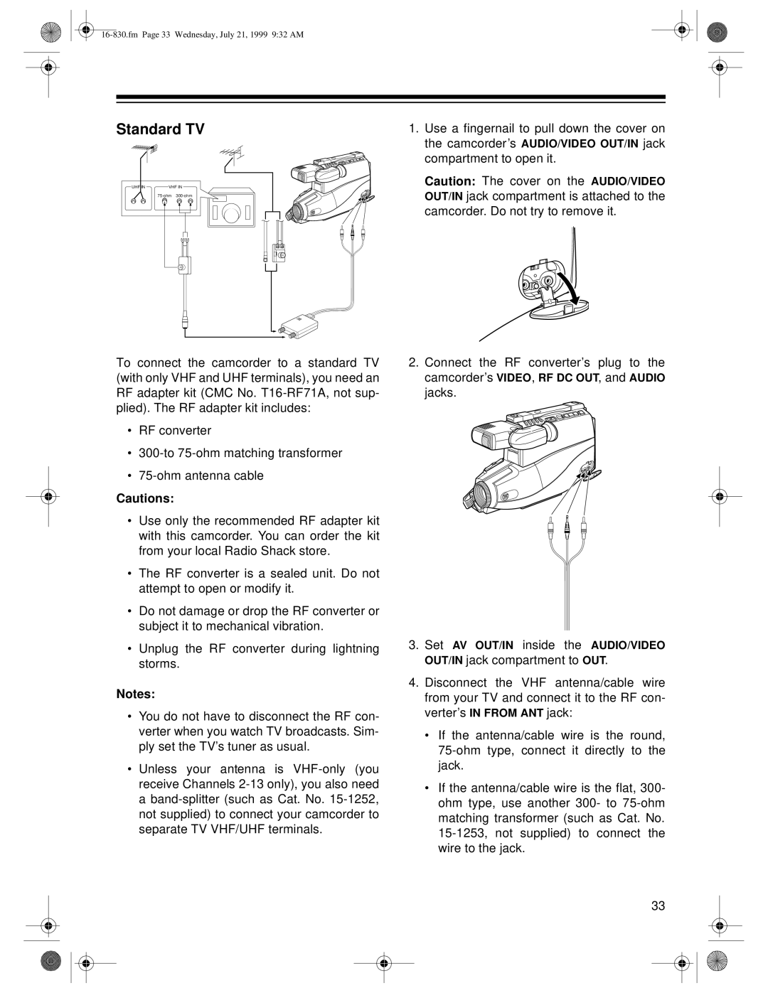 Radio Shack 16-830 owner manual Standard TV 