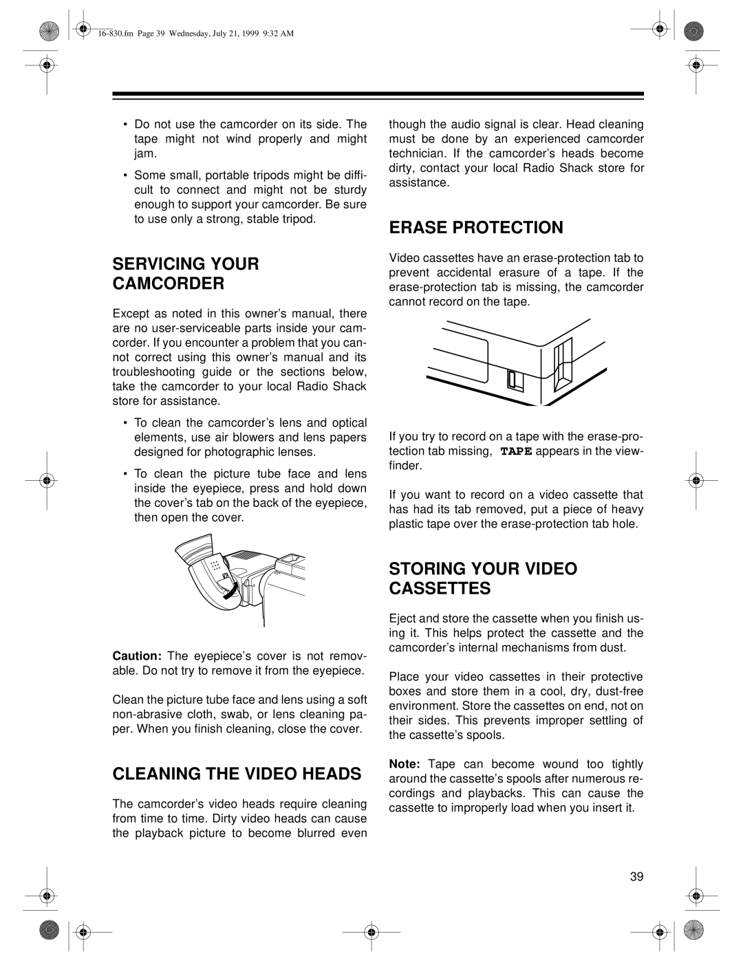 Radio Shack 16-830 Servicing Your Camcorder, Erase Protection, Cleaning the Video Heads, Storing Your Video Cassettes 