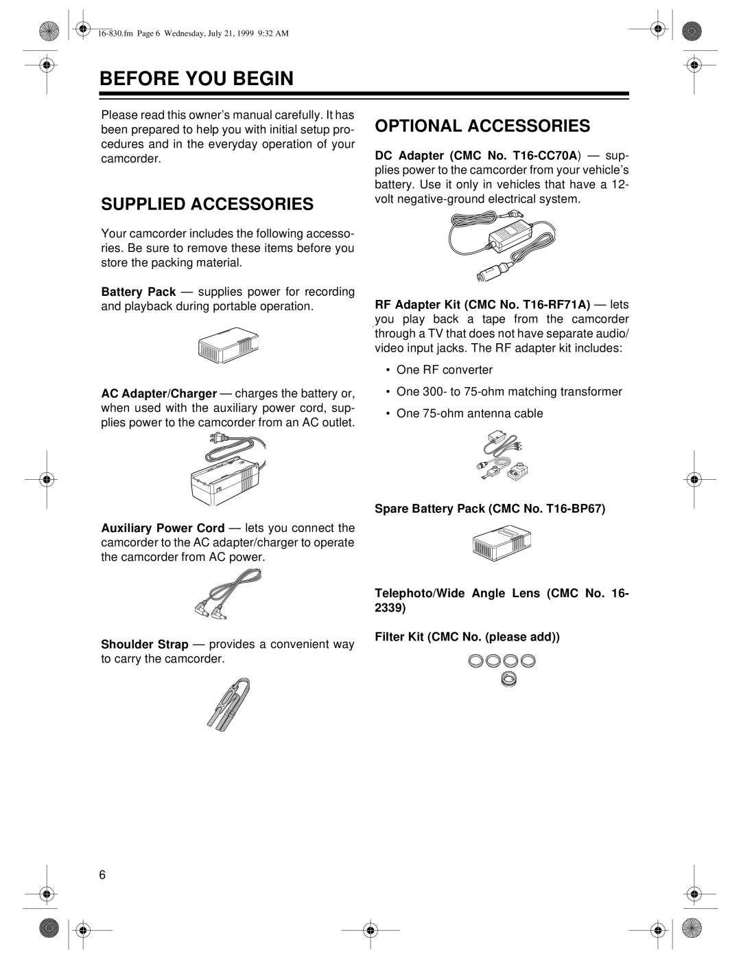 Radio Shack 16-830 owner manual Before YOU Begin, Supplied Accessories, Optional Accessories 