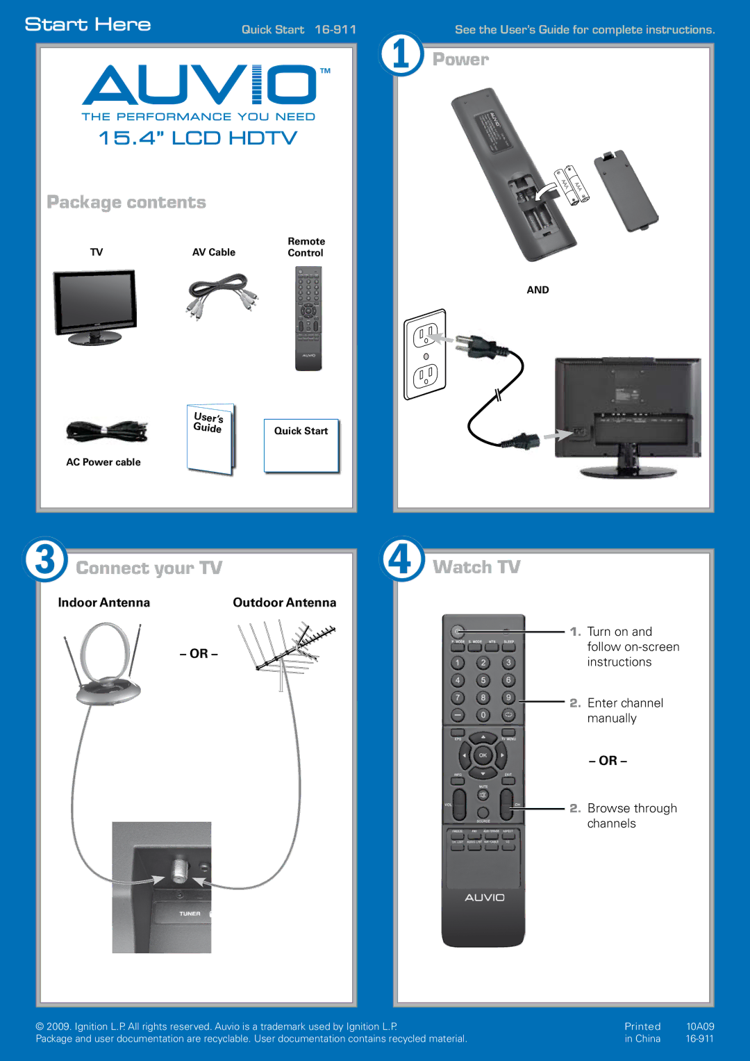 Radio Shack 16-911 quick start Start Here, 1Power, Package contents, 3Connect your TV, 4Watch TV 