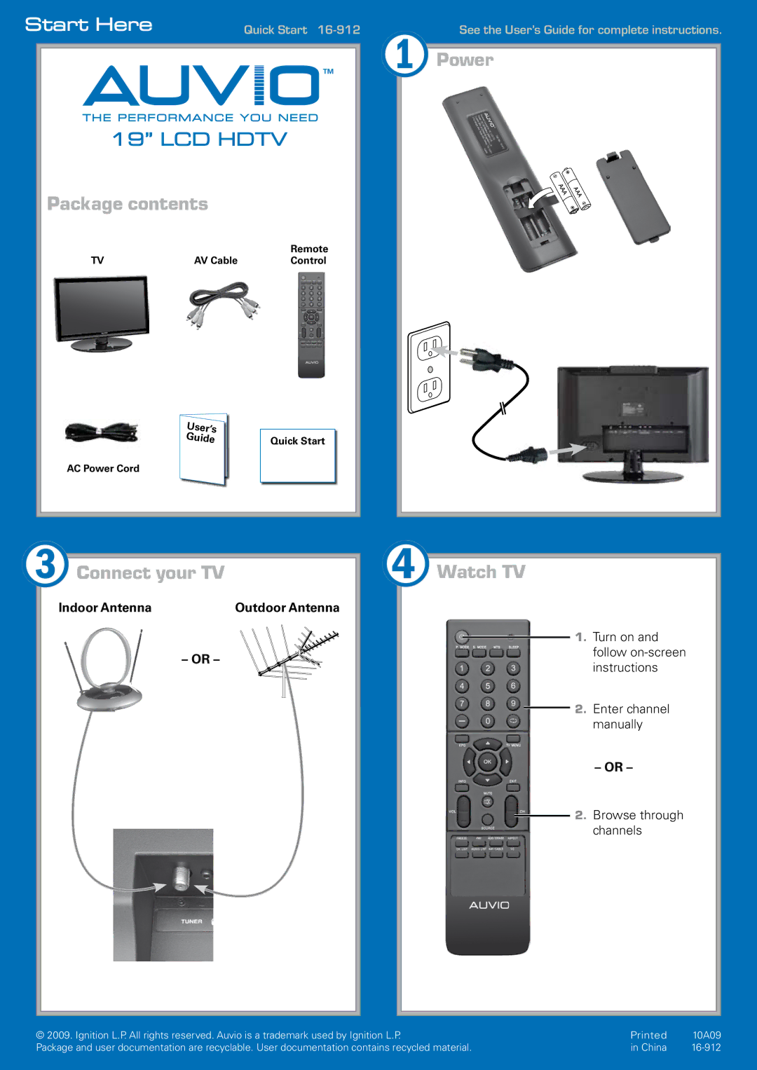 Radio Shack 16-912 quick start 1Power, LCD Hdtv, Package contents, 3Connect your TV, 4Watch TV 