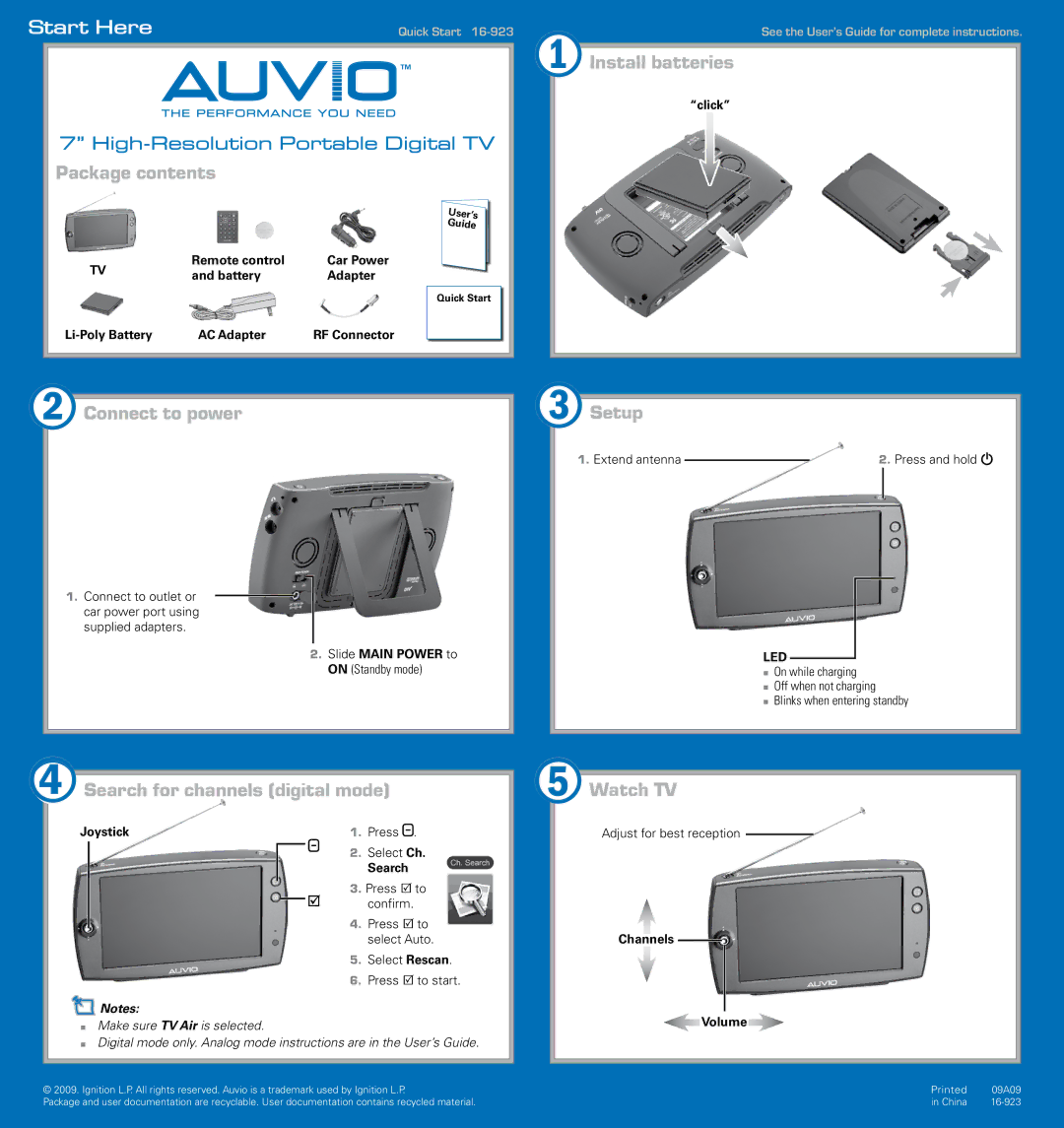 Radio Shack 16-923 quick start Package contents, 1Install batteries, 2Connect to power, 3Setup, 5Watch TV 