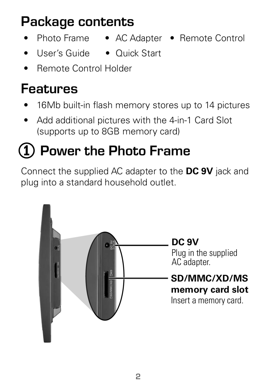 Radio Shack 16-953 manual Package contents, Features, Power the Photo Frame 