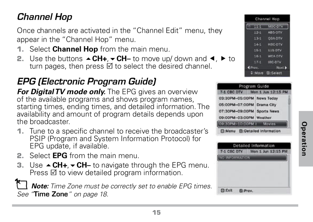 Radio Shack 16-972 manual Channel Hop, EPG Electronic Program Guide 