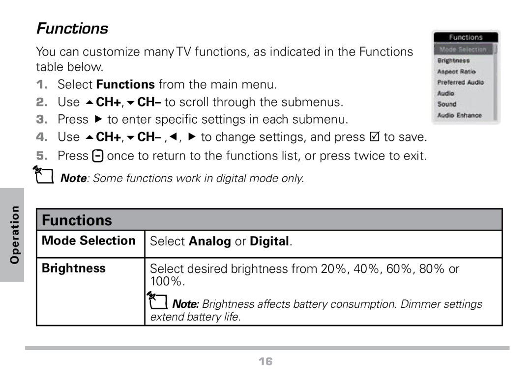 Radio Shack 16-972 manual Functions, Mode Selection Select Analog or Digital Brightness 