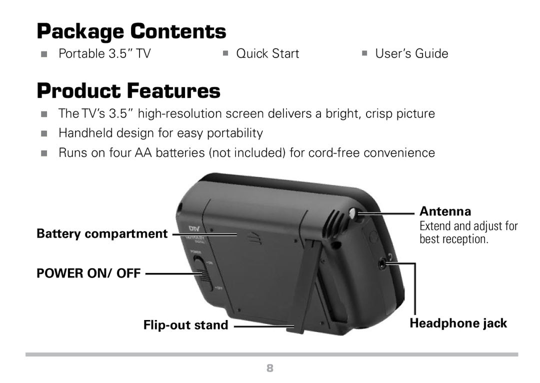 Radio Shack 16-972 manual Package Contents, Product Features, Antenna, Flip-out stand Headphone jack 