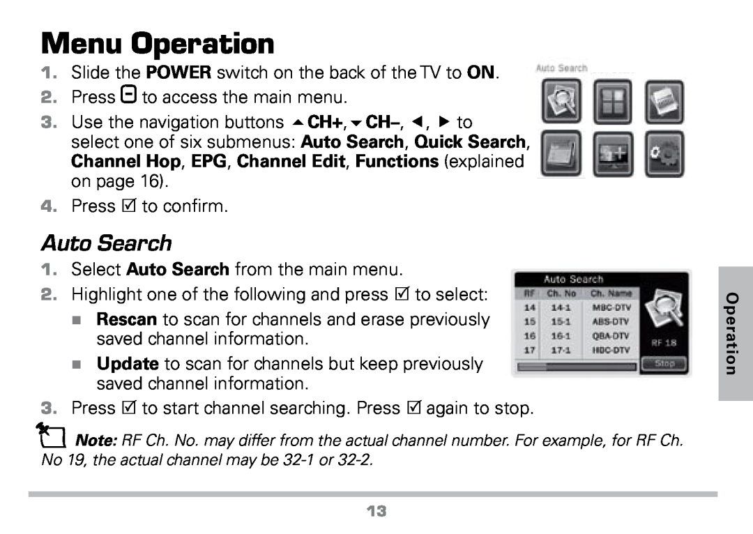 Radio Shack 16-972 manual Menu Operation, Auto Search 