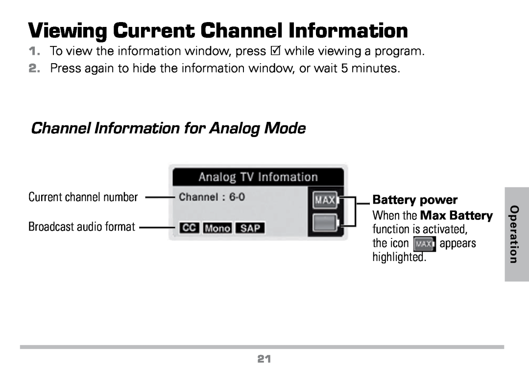Radio Shack 16-972 Viewing Current Channel Information, Channel Information for Analog Mode, Battery power, Operation 