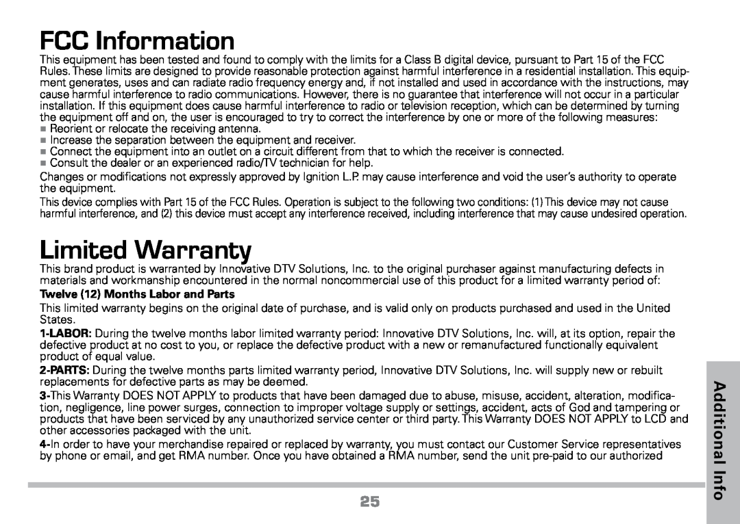 Radio Shack 16-972 manual FCC Information, Limited Warranty, Additional Info, Twelve 12 Months Labor and Parts 