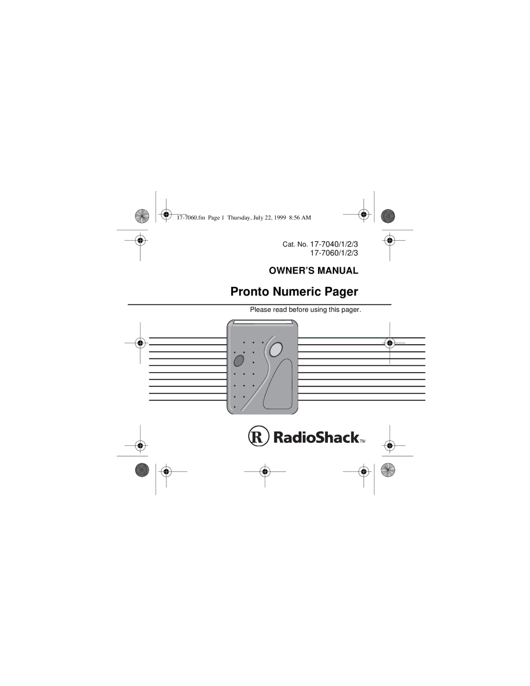 Radio Shack 17-7060, 17-7040 owner manual Pronto Numeric Pager 