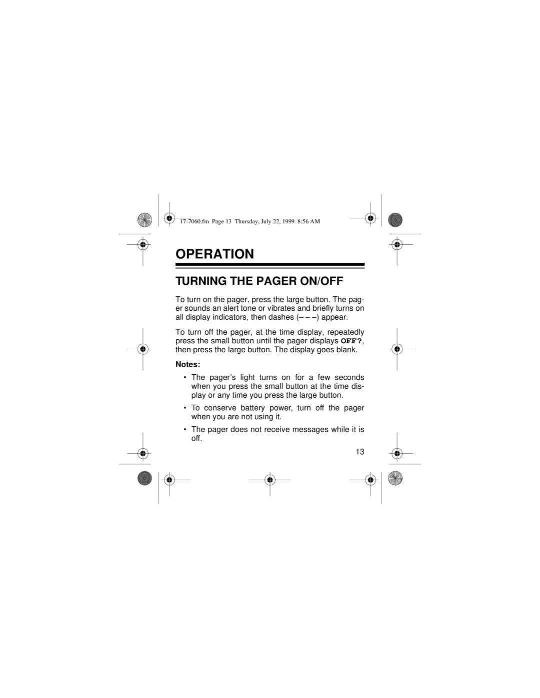 Radio Shack 17-7060, 17-7040 owner manual Operation, Turning The Pager On/Off 