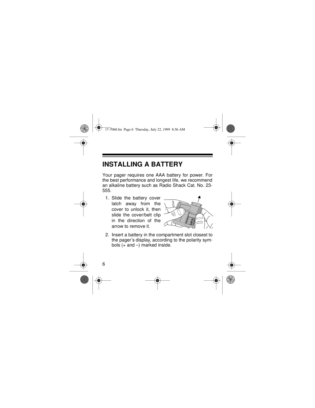 Radio Shack 17-7040, 17-7060 owner manual Installing A Battery, fm Page 6 Thursday, July 22, 1999 856 AM 
