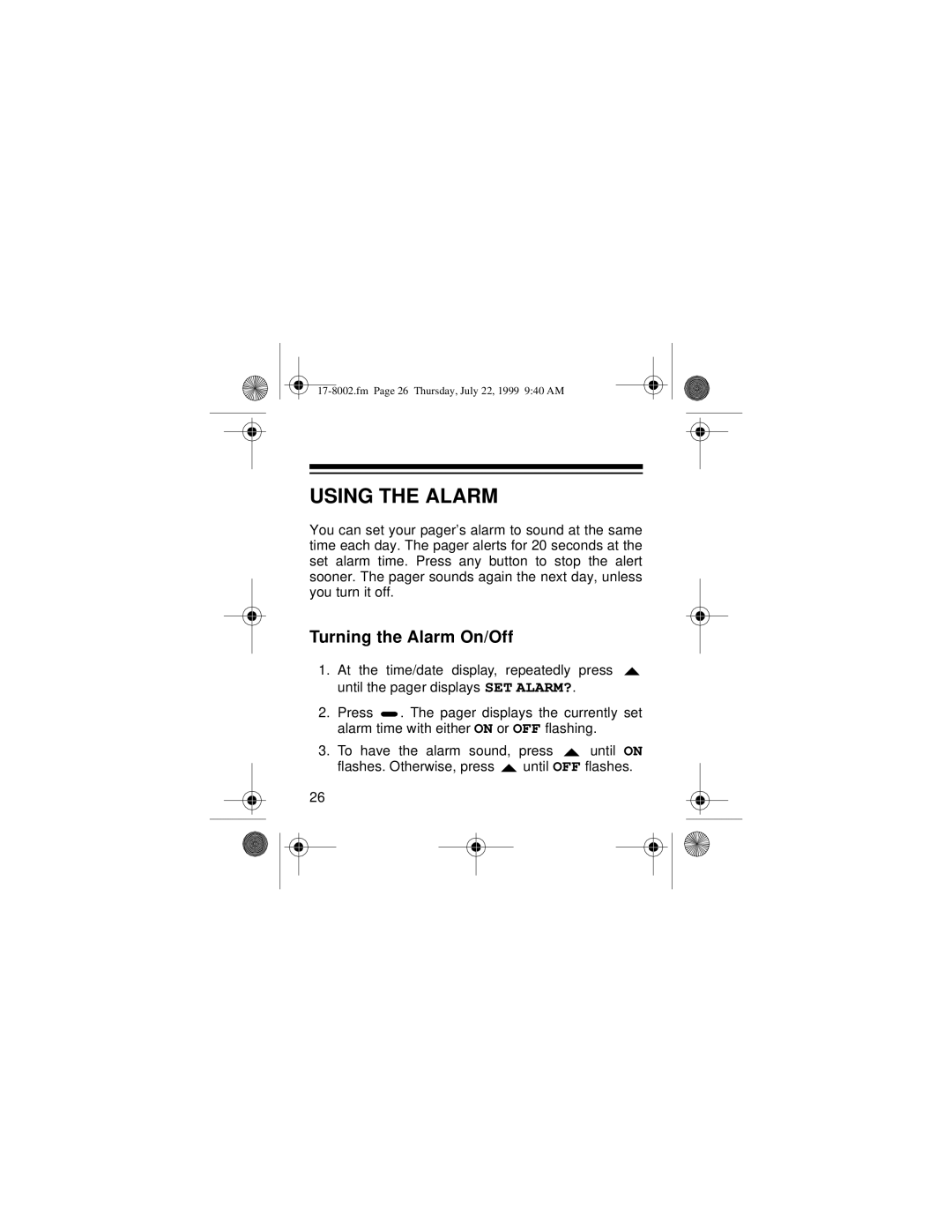 Radio Shack 17-8002/05, 17-8032/35 owner manual Using the Alarm, Turning the Alarm On/Off 