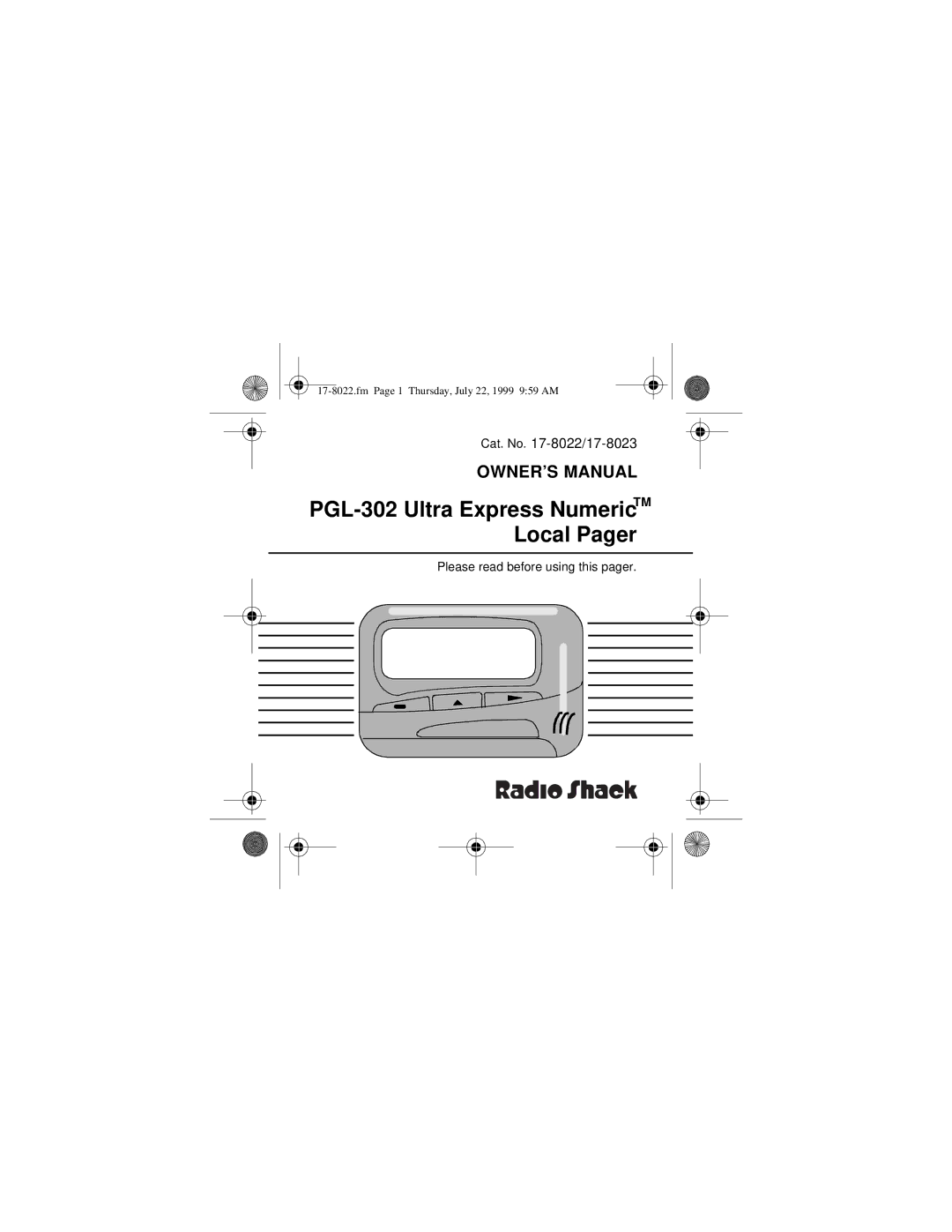 Radio Shack 17-8023, 17-8022 owner manual PGL-302 Ultra Express NumericTM Local Pager 