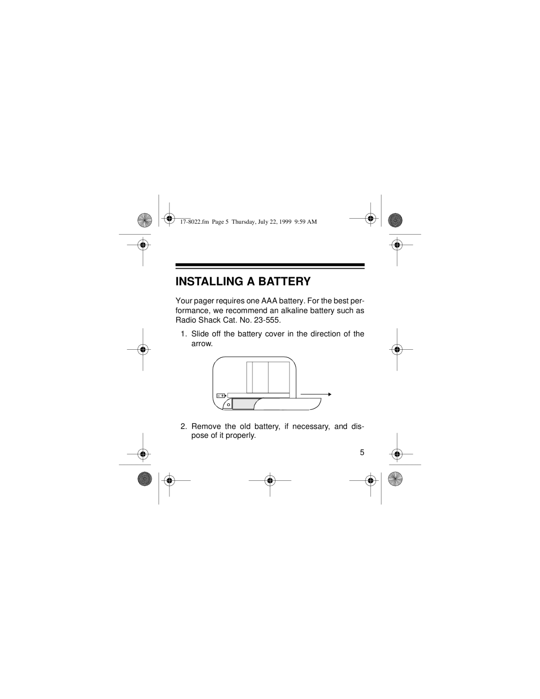 Radio Shack 17-8023, 17-8022 owner manual Installing a Battery 