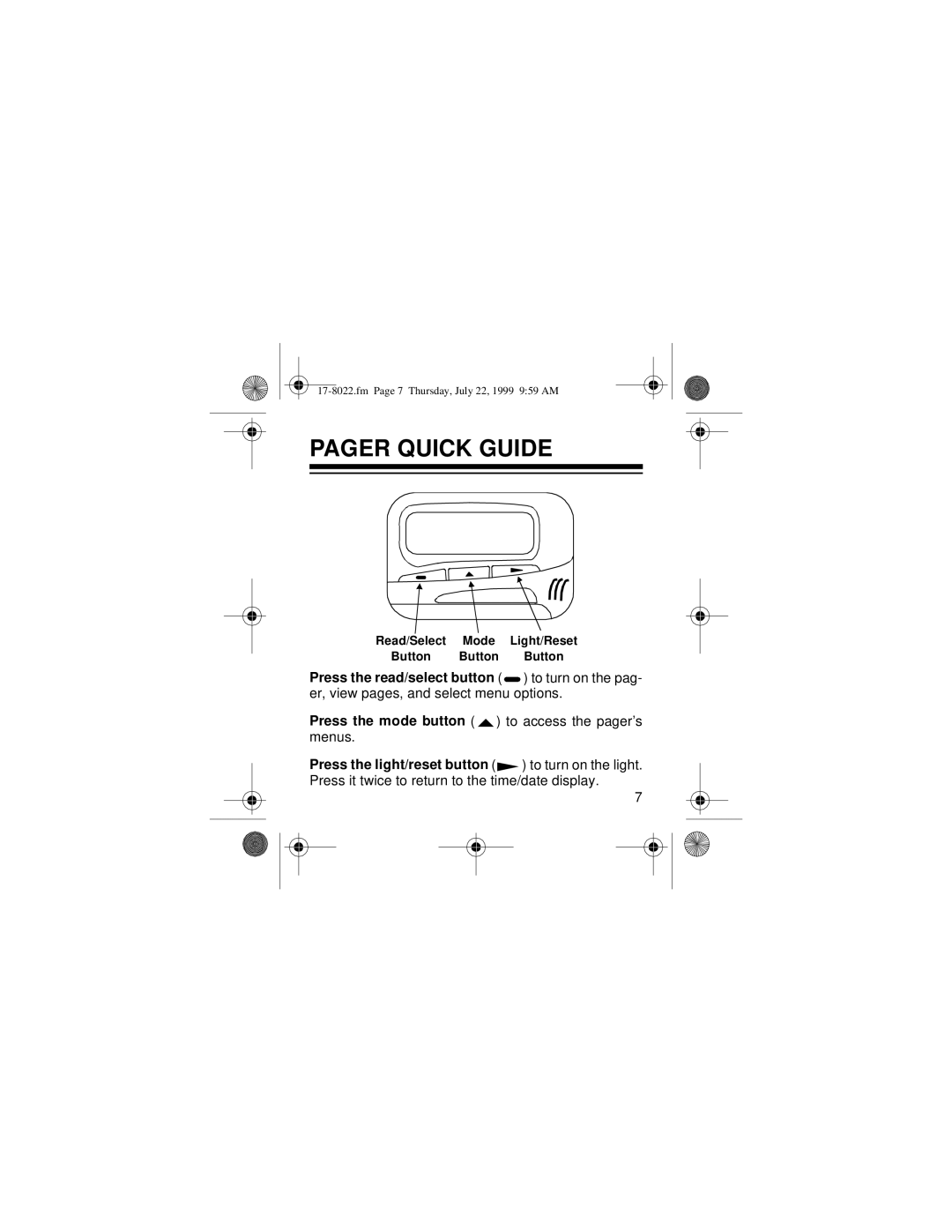 Radio Shack 17-8023, 17-8022 owner manual Pager Quick Guide 