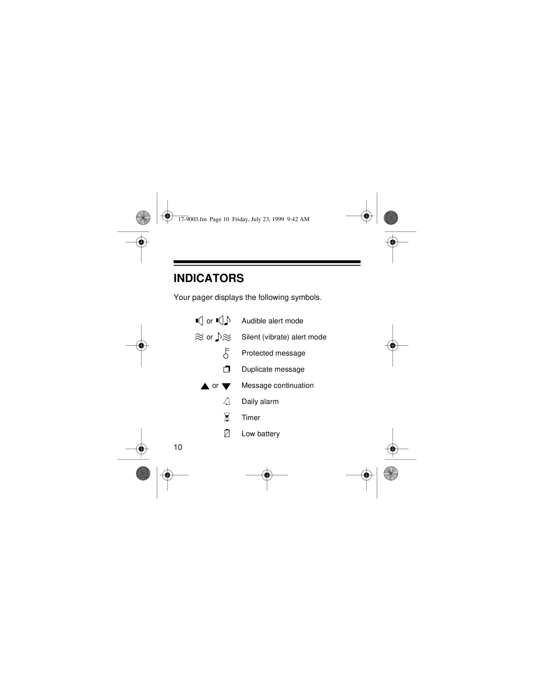 Radio Shack 17-9003 owner manual Indicators, Your pager displays the following symbols 