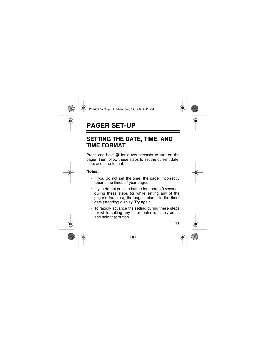 Radio Shack 17-9003 owner manual Pager SET-UP, Setting the DATE, TIME, and Time Format 