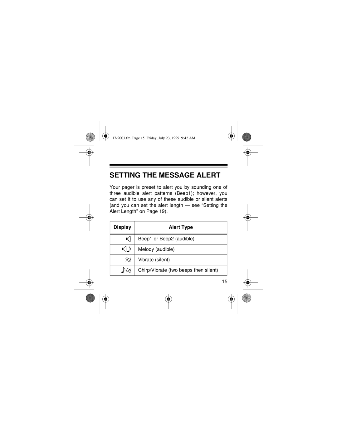 Radio Shack 17-9003 owner manual Setting the Message Alert, Display Alert Type 