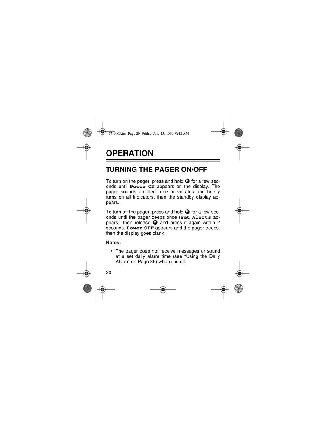 Radio Shack 17-9003 owner manual Operation, Turning the Pager ON/OFF 