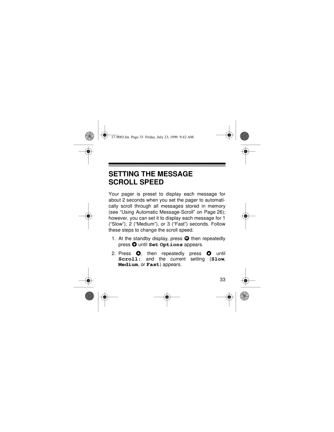 Radio Shack 17-9003 owner manual Setting the Message Scroll Speed 