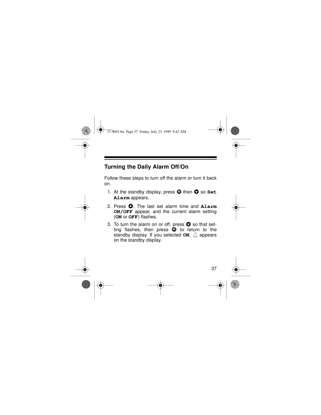 Radio Shack 17-9003 owner manual Turning the Daily Alarm Off/On 