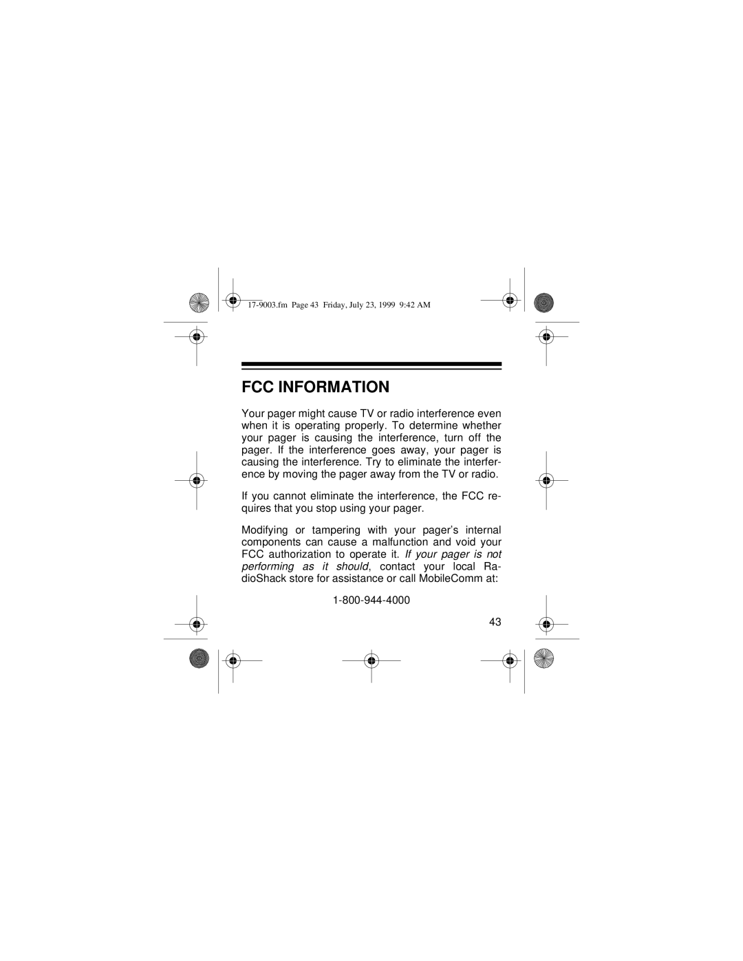 Radio Shack 17-9003 owner manual FCC Information 