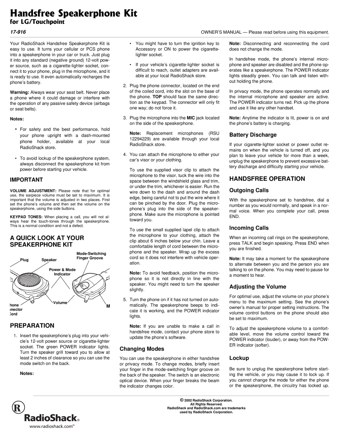 Radio Shack 17-916 owner manual Quick Look AT Your Speakerphone KIT, Preparation, Handsfree Operation 