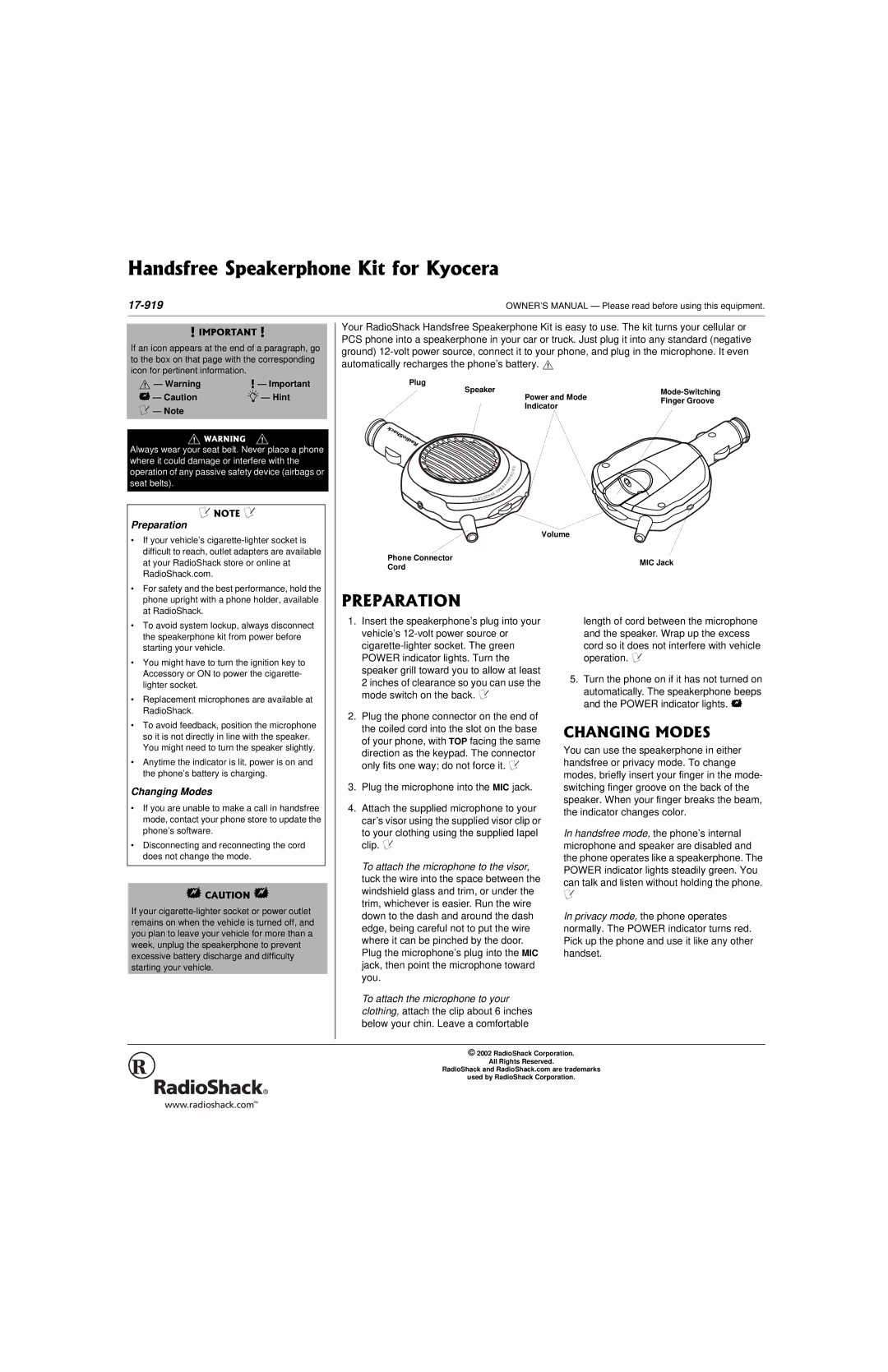 Radio Shack 17-919 owner manual 242#4#6+10, Preparation, Changing Modes 