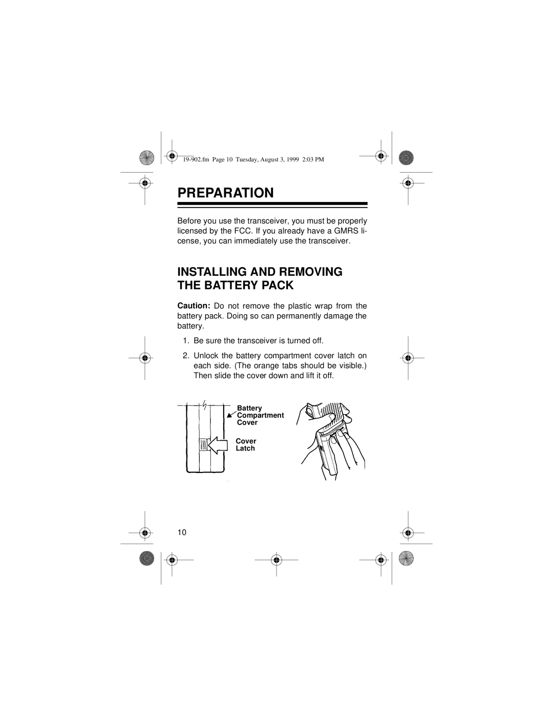 Radio Shack 19-902 owner manual Preparation, Installing and Removing the Battery Pack 