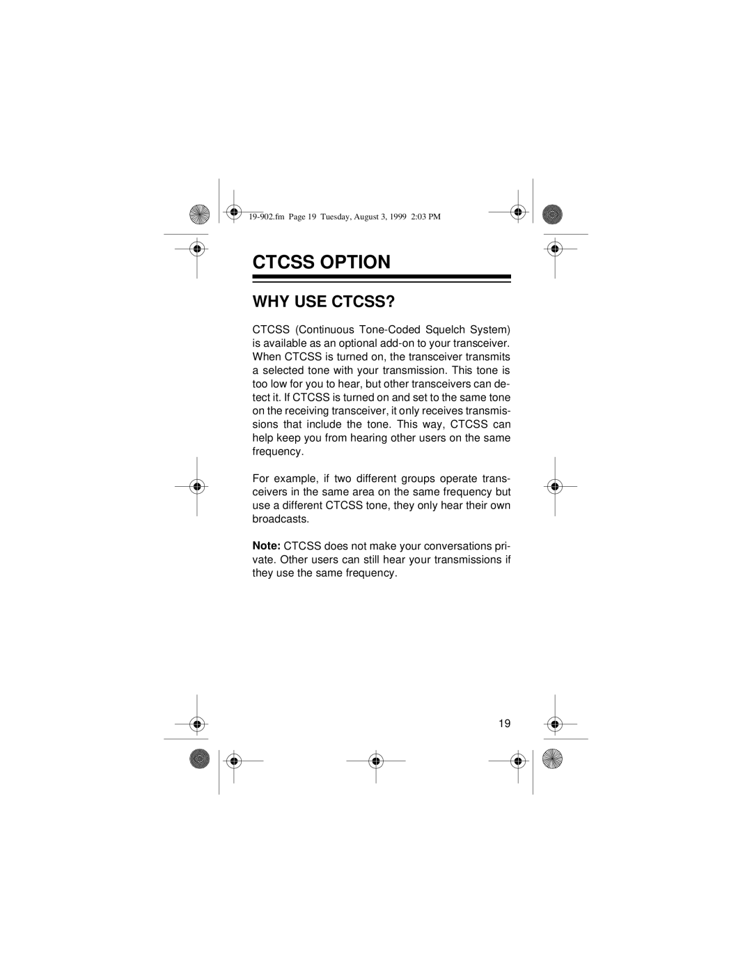 Radio Shack 19-902 owner manual Ctcss Option, Why Use Ctcss? 