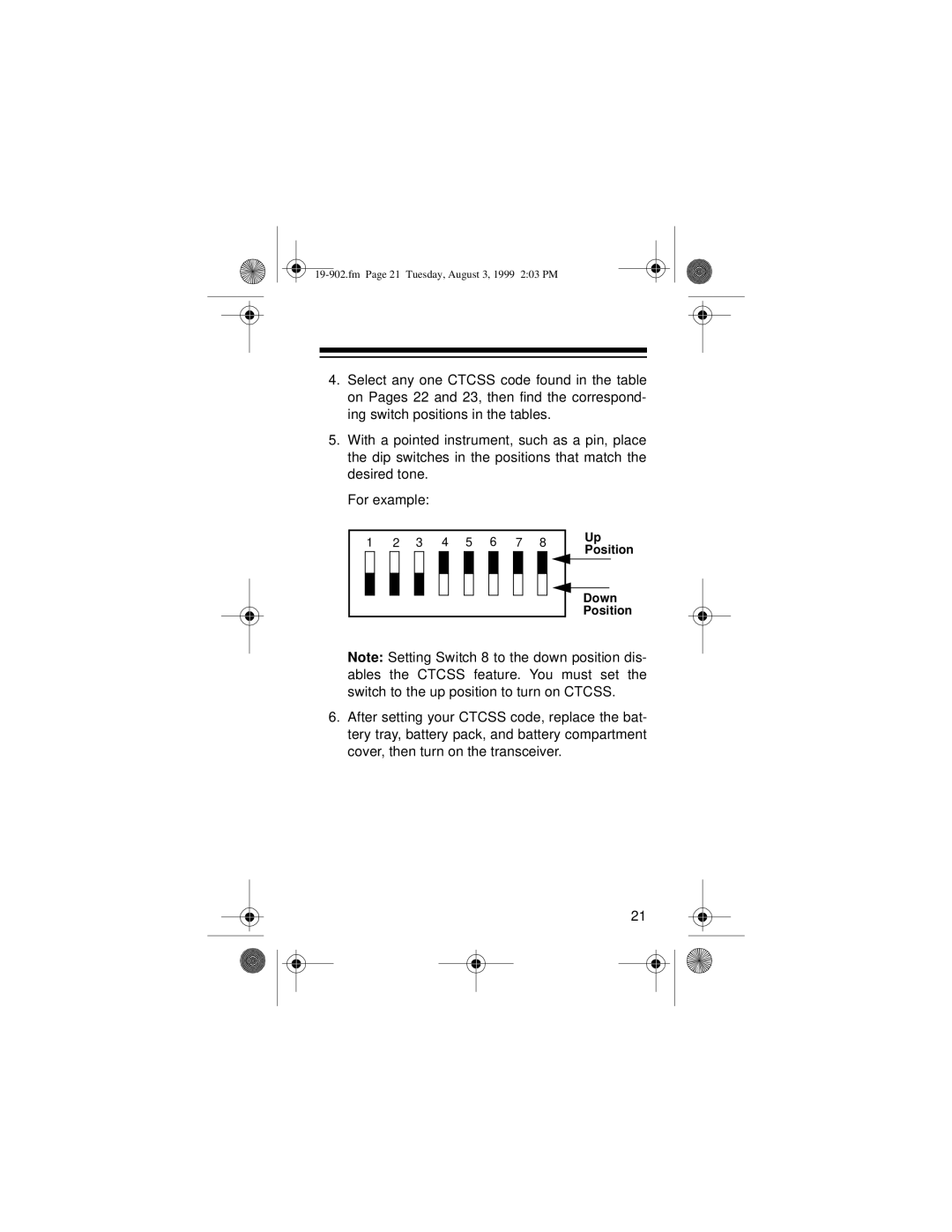 Radio Shack 19-902 owner manual Up Position Down Position 