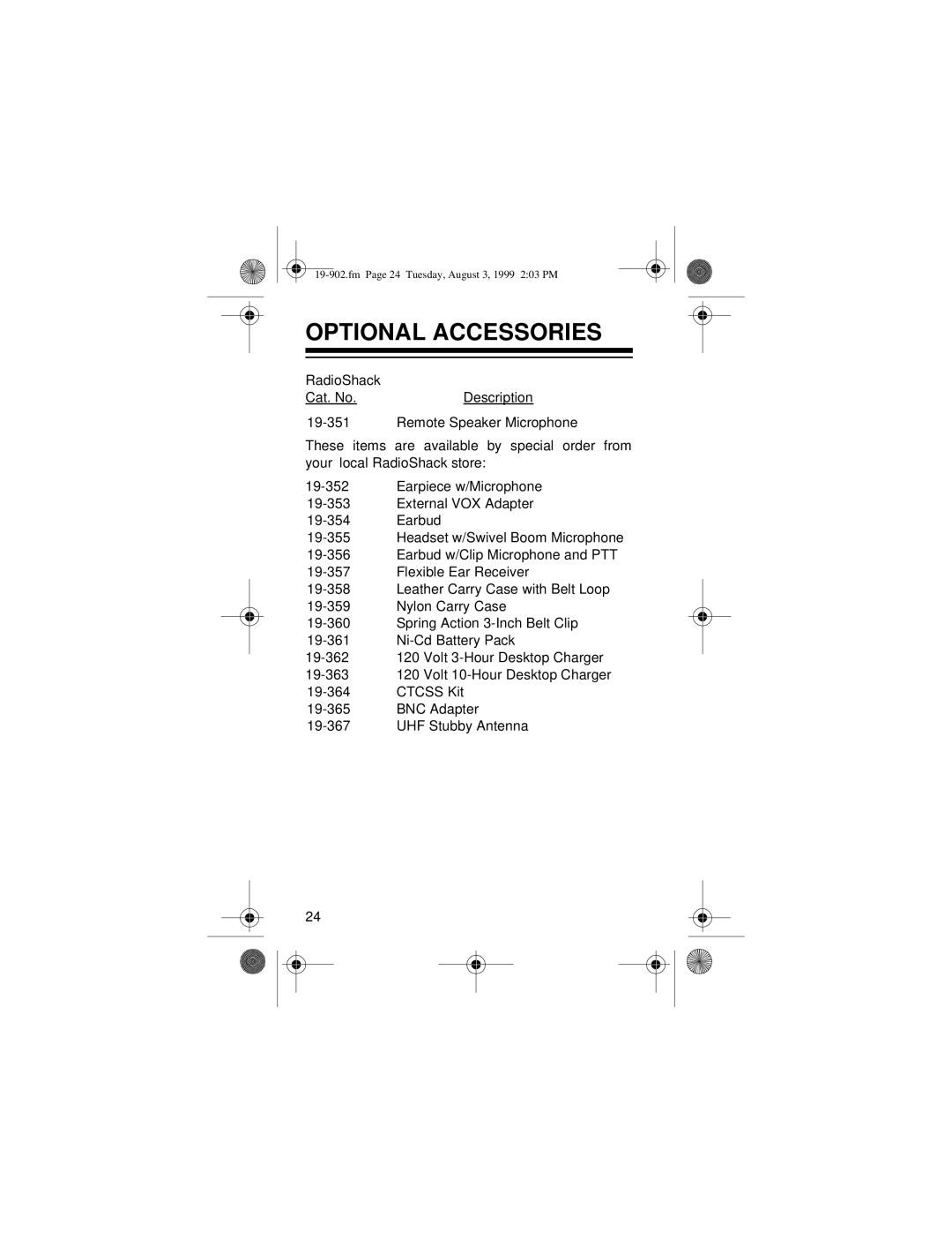 Radio Shack 19-902 owner manual Optional Accessories 