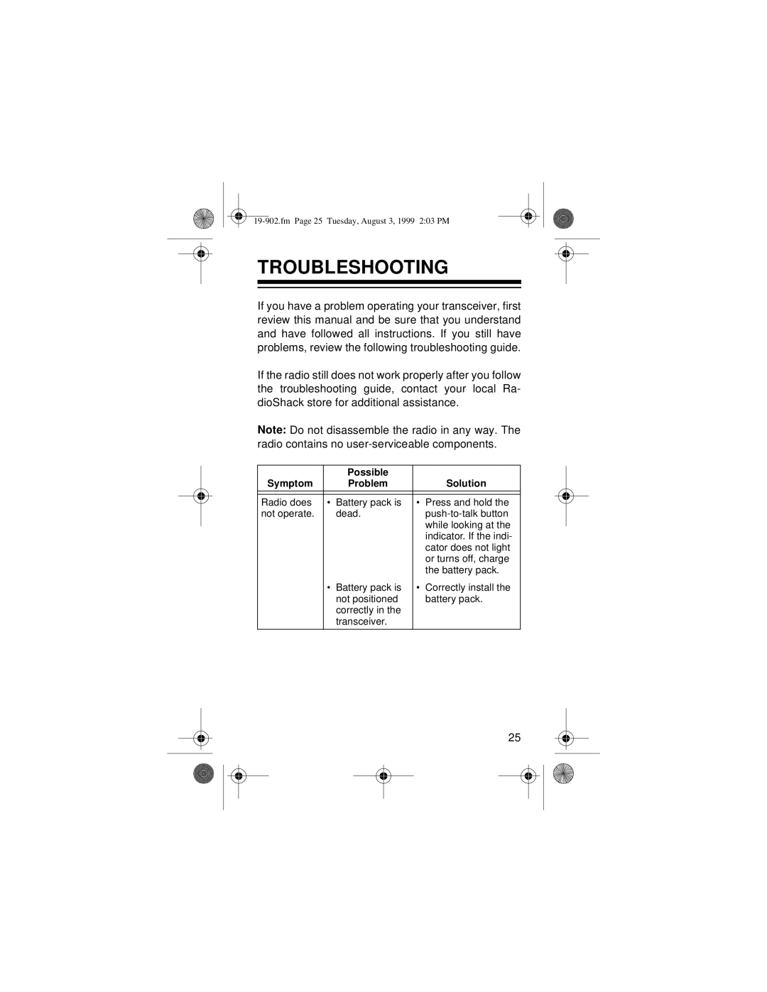 Radio Shack 19-902 owner manual Troubleshooting, Possible Symptom Problem Solution 