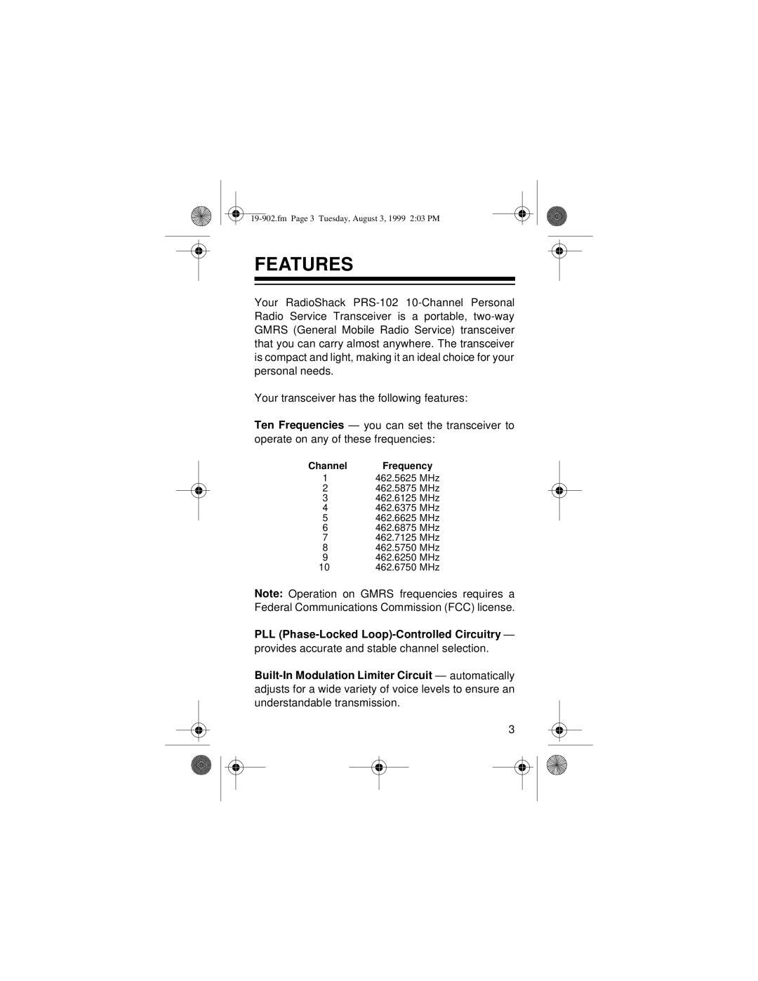 Radio Shack 19-902 owner manual Features, Channel Frequency 