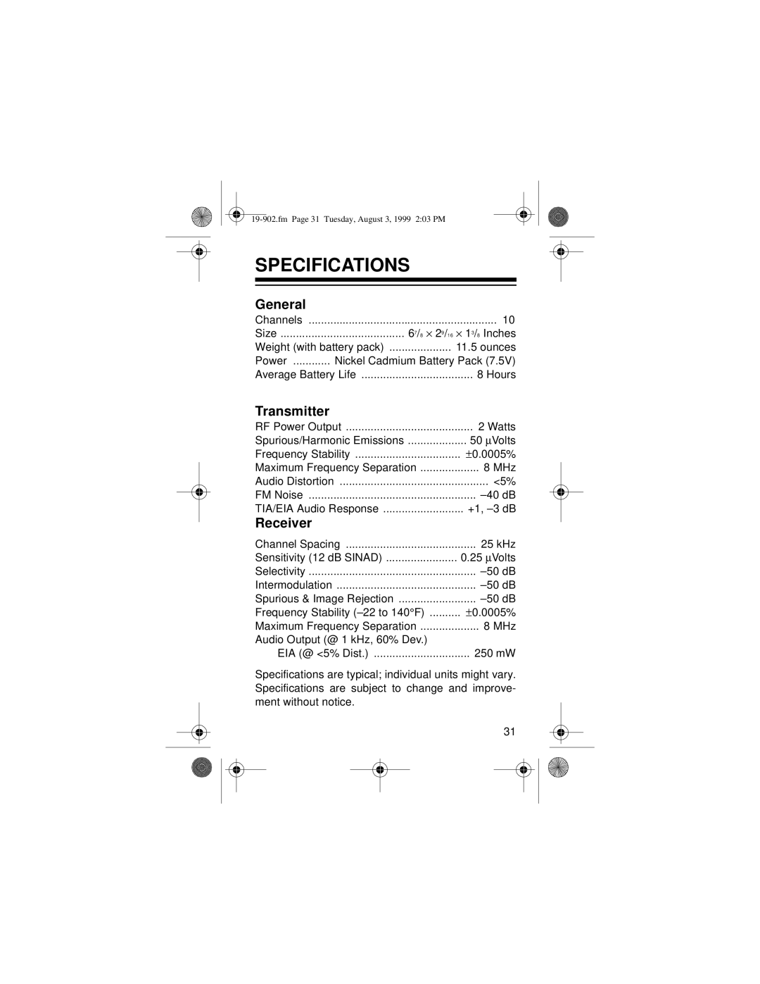 Radio Shack 19-902 owner manual Specifications, General 