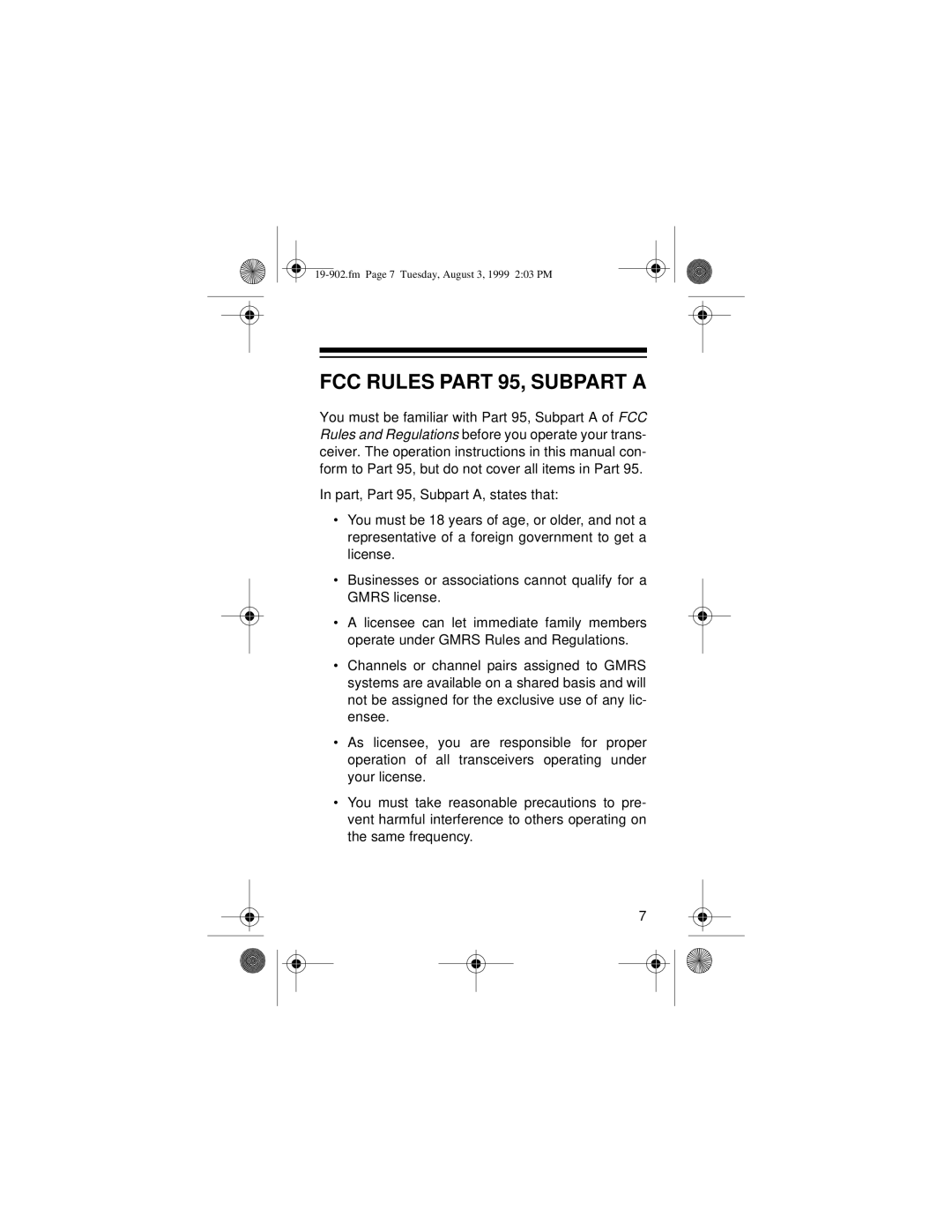 Radio Shack 19-902 owner manual FCC Rules Part 95, Subpart a 