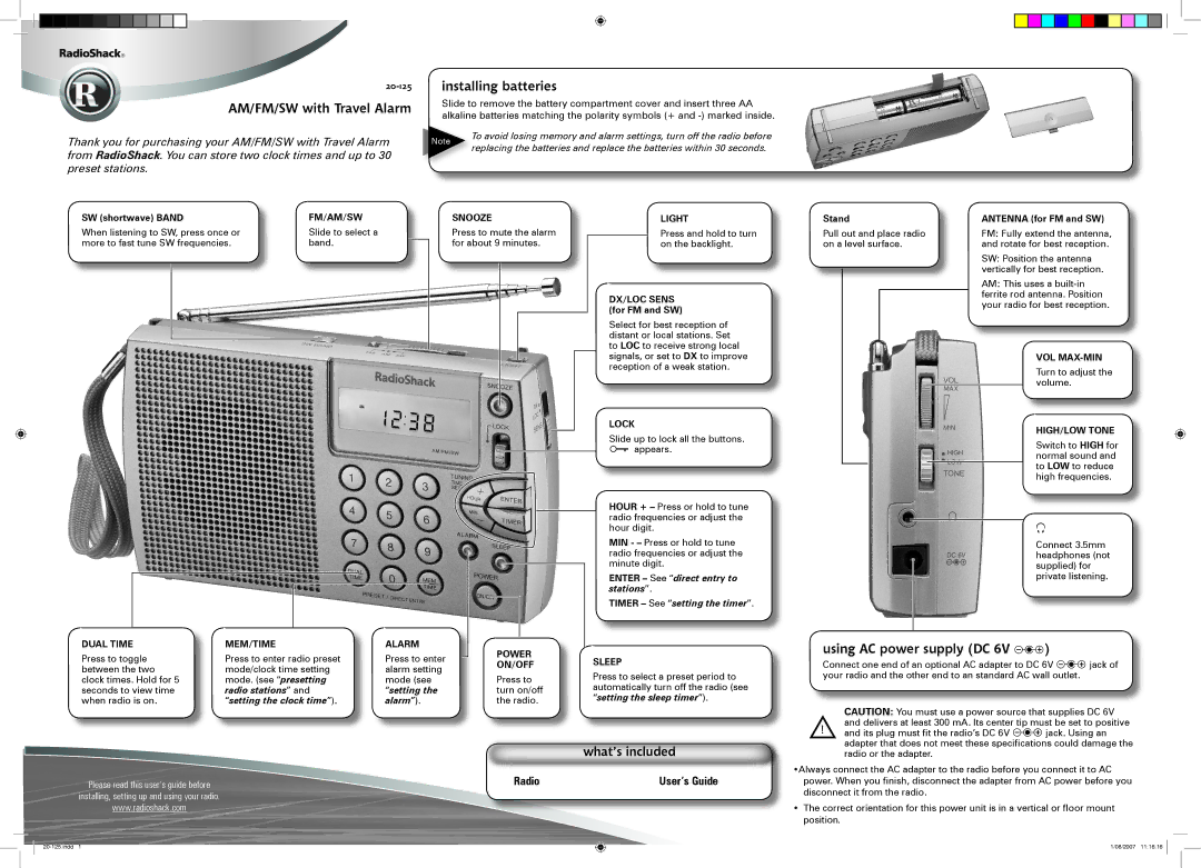 Radio Shack 20-125 manual Installing batteries AM/FM/SW with Travel Alarm, Using AC power supply DC, What’s included 